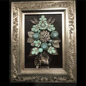 FRAMED JEWELRY ART COLLAGE IN SILVER/MINT HANDMADE